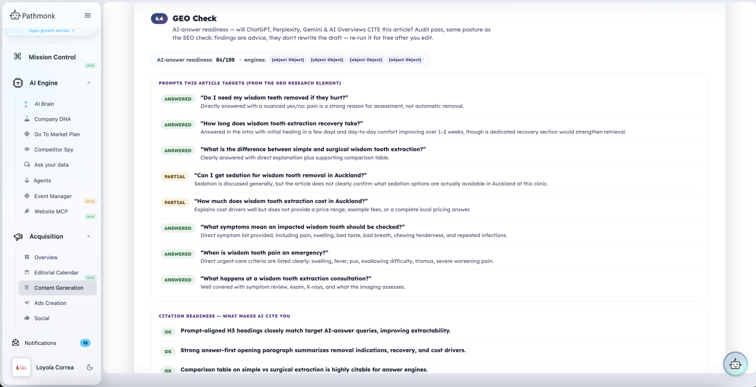 The GEO check on a Caring 4 Smiles article in Content Factory